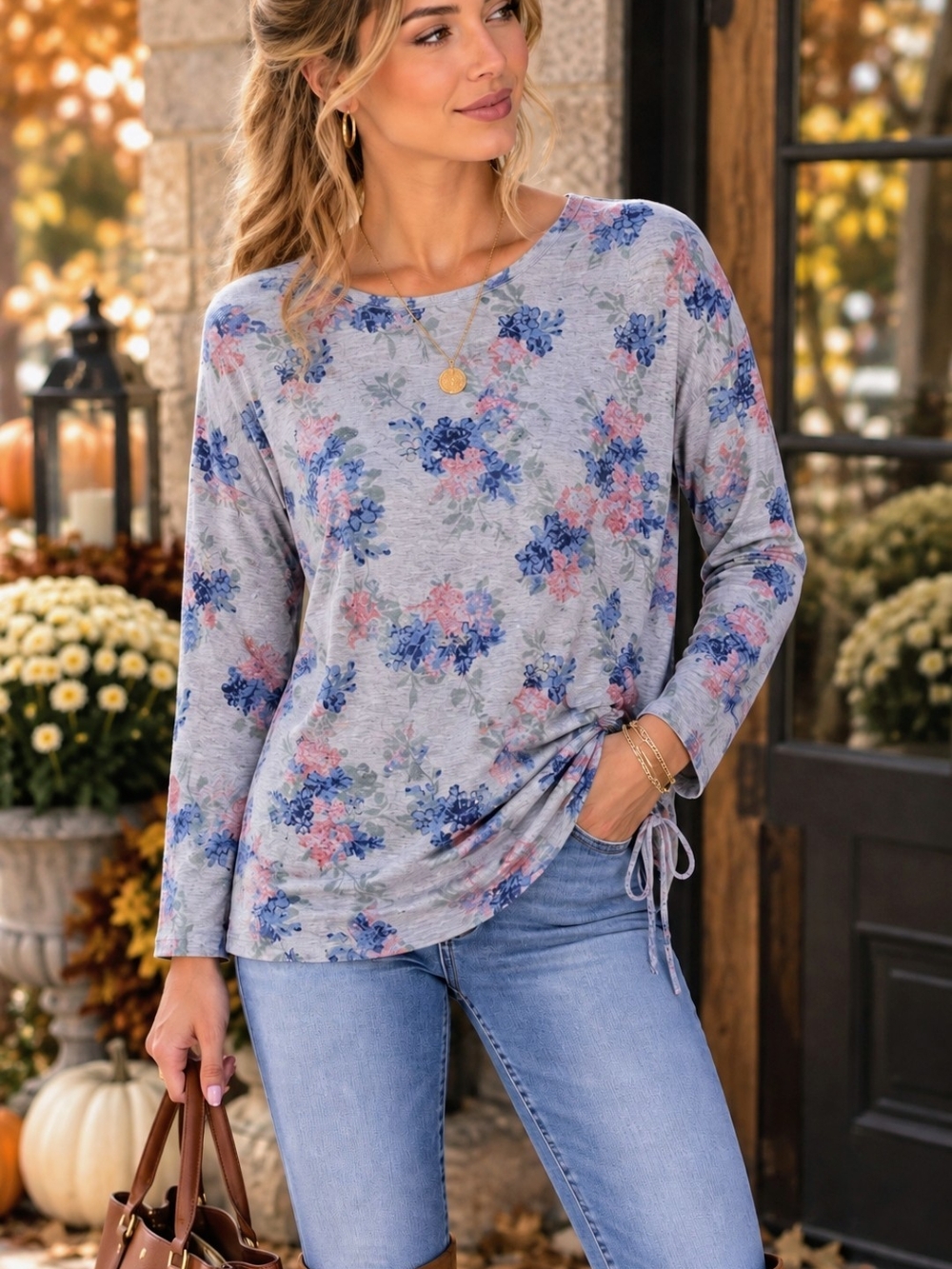 Gray Blue Floral Ruched Side Tie Long Sleeve Tunic Top S Boho Feminine Romantic
